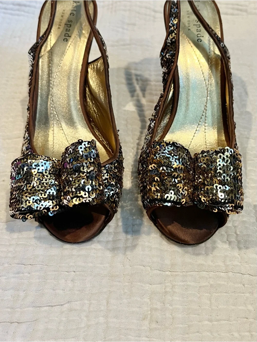 Kate Spade New York Gold Brown Sequin Bow Carly High Heels Open Toe Shoes 6